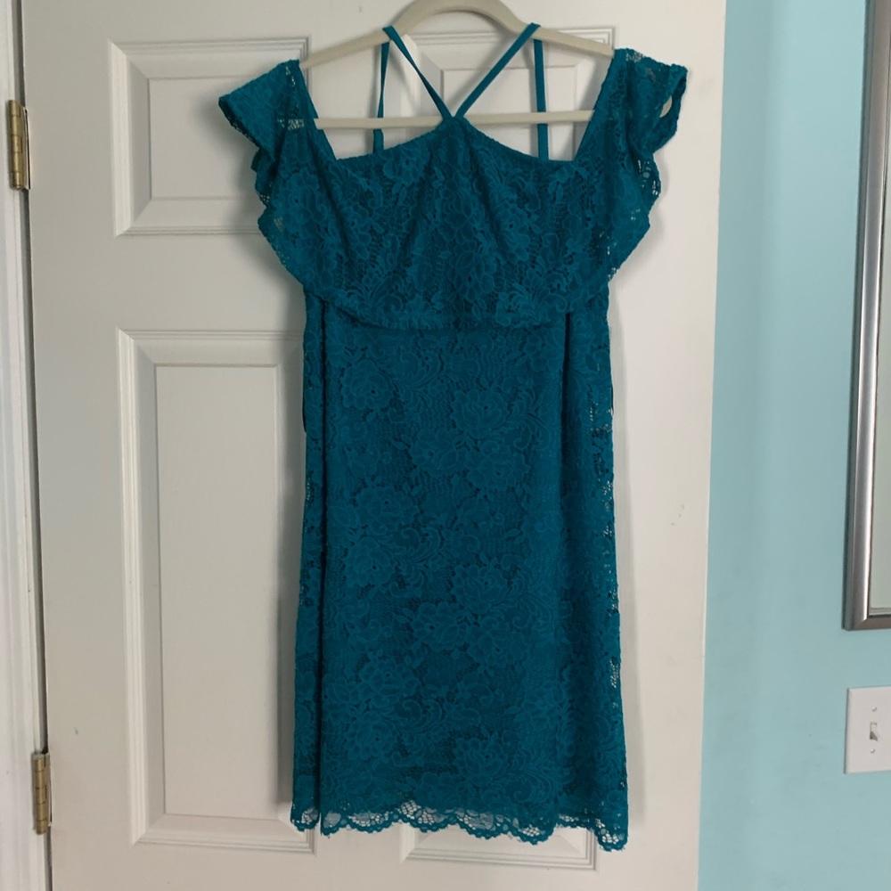 Teal lace cold shoulder dress